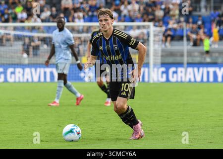 Empoli, Italien. September 2025. Matteo Tramoni (Pisa) während des Spiels Empoli FC gegen Spezia Calcio, italienischer Fußball Serie B in Empoli, Italien, 14. September 2025 Credit: Independent Photo Agency/Alamy Live News Stockfoto