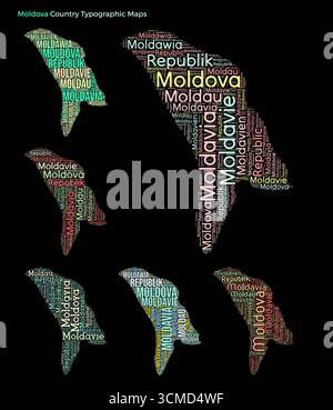 Moldau. Satz typografischer Länderabbildungen. Moldawien Kartenform Aufbau von horizontalen und vertikalen Ländernamen. Vektorabbildung. Stock Vektor
