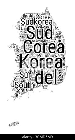 Schwarz-weiß-Wortwolke in Form von Südkorea. Einfache typografische Darstellung des Landes. Stock Vektor