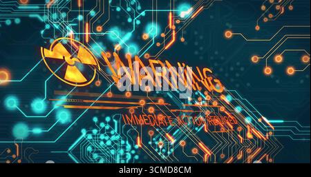 Anzeige des radioaktiven Symbols, WARNUNG SOFORTIGE AKTION ERFORDERLICH blinkend auf dem Bedienfeld mit Neonspuren Stockfoto