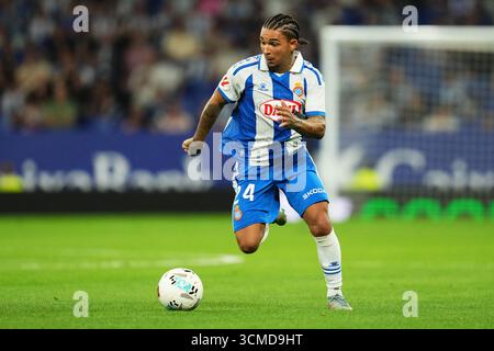 Barcelona, Spanien. September 2025. Thyrhys Dolan von RCD Espanyol während des La Liga EA Sports Matches zwischen RCD Espanyol und RCD Mallorca spielte am 15. September 2025 im RCDE Stadium in Barcelona, Spanien. (Foto: Bagu Blanco/PRESSIN) Credit: PRESSINPHOTO SPORTS AGENCY/Alamy Live News Stockfoto