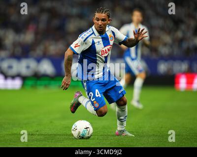 Barcelona, Spanien. September 2025. Thyrhys Dolan von RCD Espanyol während des La Liga EA Sports Matches zwischen RCD Espanyol und RCD Mallorca spielte am 15. September 2025 im RCDE Stadium in Barcelona, Spanien. (Foto: Bagu Blanco/PRESSIN) Credit: PRESSINPHOTO SPORTS AGENCY/Alamy Live News Stockfoto