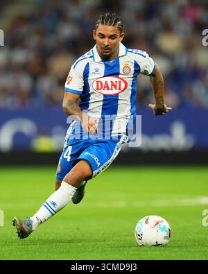 Barcelona, Spanien. September 2025. Thyrhys Dolan von RCD Espanyol während des La Liga EA Sports Matches zwischen RCD Espanyol und RCD Mallorca spielte am 15. September 2025 im RCDE Stadium in Barcelona, Spanien. (Foto: Bagu Blanco/PRESSIN) Credit: PRESSINPHOTO SPORTS AGENCY/Alamy Live News Stockfoto