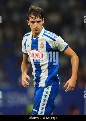 Barcelona, Spanien. September 2025. Urko Gonzalez von RCD Espanyol während des La Liga EA Sports Matches zwischen RCD Espanyol und RCD Mallorca spielte am 15. September 2025 im RCDE Stadium in Barcelona, Spanien. (Foto: Bagu Blanco/PRESSIN) Credit: PRESSINPHOTO SPORTS AGENCY/Alamy Live News Stockfoto