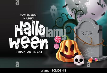Festliche Halloween-Vektor-Illustration mit Kürbis, Schädel, Grabstein, Geistern, Fledermäusen, und Süßigkeiten unter leuchtendem Vollmond. Perfekter gruseliger Clipart f Stock Vektor