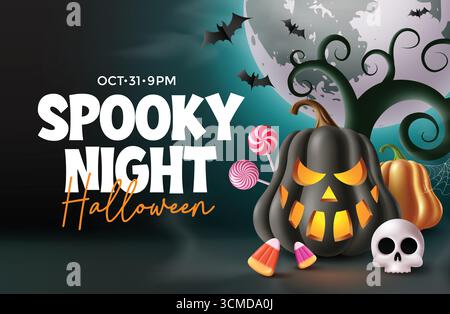 Halloween-Clipart mit einem leuchtend schwarzen Kürbis, Schädel, Zuckermais, Lutscher, Fledermäuse, und Vollmond. Gruseliges Vektor-Design perfekt für Halloween Par Stock Vektor