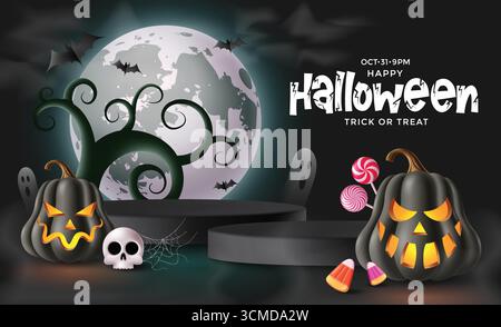 Dunkler Halloween-Vektor mit leuchtenden schwarzen Kürbissen, Schädel, Zuckermais, Lutscher, Fledermäuse, und Geister unter Vollmond. Ein gruseliger Clipart, perfekt für Tricks Stock Vektor