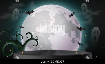 Halloween-Hintergrund mit leuchtendem Vollmond, fliegenden Fledermäusen, geisterhaften Figuren, Spinnennetz und dunklen verdrehten Bäumen. Perfekte gruselige Kulisse für Hall Stock Vektor