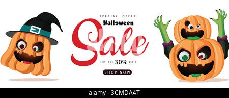 Verspieltes Halloween-Sale-Design mit lächelnden Kürbissen mit blöden Augen, Hexenhut und gruseligen Händen. Ideal für Flyer, Weihnachtsangebote, Poster und Sp Stock Vektor