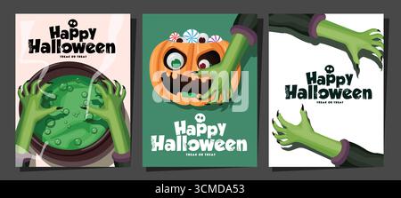 Halloween-Poster-Kartenset mit gruseligen Hexenhänden, Kürbissen und gruseligen Halloween-Grußtext. Perfekt für Partyeinladungen, Poster, Banner, Stock Vektor