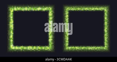Grüne Halbtonrahmen, leuchtende quadratische Ränder, Muster mit Punkten, radiales Disco-Luxury-Designelement. Stock Vektor