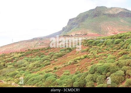 Sanfte grüne Hügel mit dichten Sträuchern, die hinauf zum majestätischen, spärlichen Berggipfel führen. Steiler grüner Berg ist unter bewölktem Himmel zu sehen. Lo Stockfoto