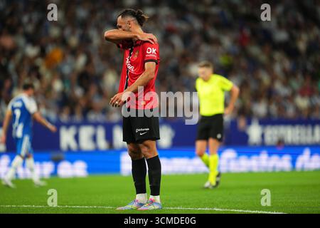 Barcelona, Spanien. September 2025. Vedat Muriqi von RCD Mallorca spielte am 15. September 2025 im RCDE-Stadion in Barcelona, Spanien, während des La Liga EA Sports Match zwischen RCD Espanyol und RCD Mallorca. (Foto: Bagu Blanco/PRESSIN) Credit: PRESSINPHOTO SPORTS AGENCY/Alamy Live News Stockfoto