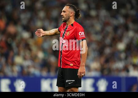 Barcelona, Spanien. September 2025. Vedat Muriqi von RCD Mallorca spielte am 15. September 2025 im RCDE-Stadion in Barcelona, Spanien, während des La Liga EA Sports Match zwischen RCD Espanyol und RCD Mallorca. (Foto: Bagu Blanco/PRESSIN) Credit: PRESSINPHOTO SPORTS AGENCY/Alamy Live News Stockfoto