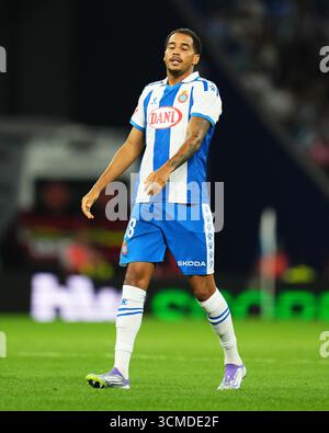Barcelona, Spanien. September 2025. Charles Pickel von RCD Espanyol während des La Liga EA Sports Matches zwischen RCD Espanyol und RCD Mallorca spielte am 15. September 2025 im RCDE Stadium in Barcelona, Spanien. (Foto: Bagu Blanco/PRESSIN) Credit: PRESSINPHOTO SPORTS AGENCY/Alamy Live News Stockfoto