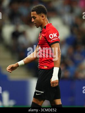 Barcelona, Spanien. September 2025. Mateo Joseph von RCD Mallorca spielte während des La Liga EA Sports Match zwischen RCD Espanyol und RCD Mallorca am 15. September 2025 im RCDE-Stadion in Barcelona, Spanien. (Foto: Bagu Blanco/PRESSIN) Credit: PRESSINPHOTO SPORTS AGENCY/Alamy Live News Stockfoto