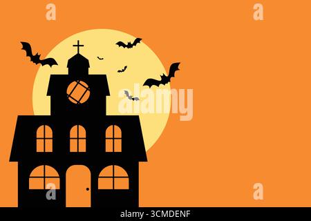 Illustration der gruseligen Halloween-Atmosphäre mit dieser gespenstischen Haus-Silhouette vor einem hellen Mond, ideal für Karten, Einladungen und saisonale Designs. Stock Vektor