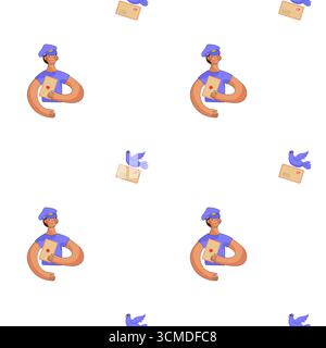 Eine Lieferperson mit starken Armen hält einen Brief und einen Vogel auf einem weißen Hintergrund Stock Vektor