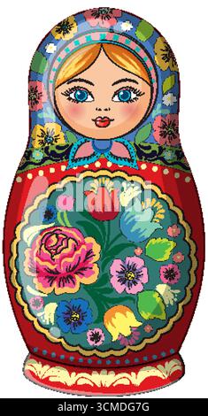 Farbenfroher Vektor der klassischen russischen Matryoschka-Puppe mit floralen Volkskunst-Motiven und symmetrischem Design. Stock Vektor