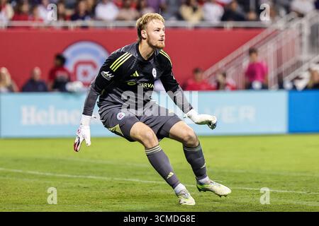 Chicago, IL, USA, 13. September 2025. Chris Brady hat bei der Major League Soccer (MLS) Chicago Fire FC gegen New York City FC im Soldier Field einen Treffer erzielt. Stockfoto