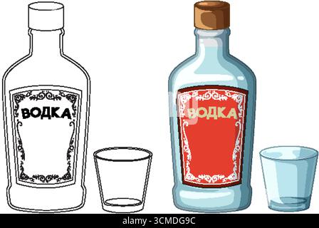 Vektor-Illustration der kunstvollen russischen Wodka-Flasche und Schussglas in Farbe und Umrissstilen. Stock Vektor
