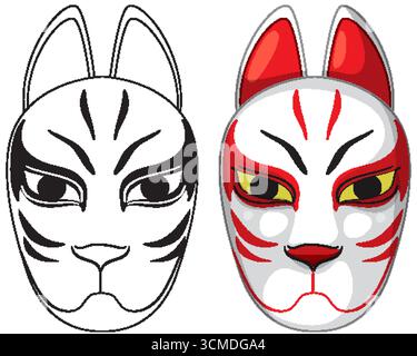 Traditionelle japanische Fuchsmaske in detaillierter Farbe und einfachen schwarzen Umrissvektorstilen dargestellt Stock Vektor
