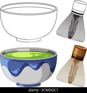 Vektor-Illustration von Matcha Teeschale und Bambus Schneebesen in Farbe und Umrissstilen Stock Vektor