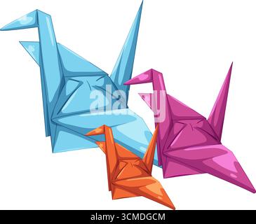 Drei lebendige Origami-Kraniche in Blau, Lila und Orange, auf weißem Hintergrund angeordnet Stock Vektor