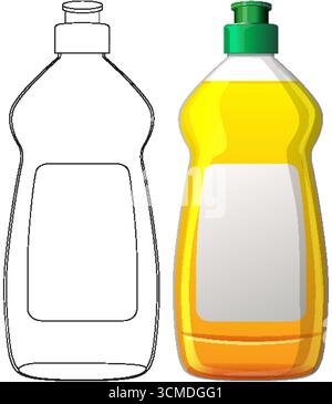 Vektorillustration einer Spülseifenflasche, die sowohl konturierte als auch farbige Versionen zeigt, isoliert auf weiß Stock Vektor