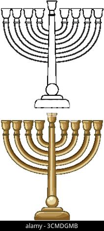 Sieben-verzweigte Menora-Vektor, Gold- und Umrissstile, klare Linien, weißer Hintergrund, vertikale Komposition Stock Vektor