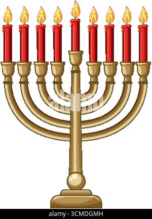 Elegante Vektormenorah mit neun brennenden roten Kerzen, goldener Basis, klare Linien, weißer Hintergrund Stock Vektor