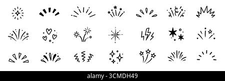 Element Set für Line Surprise-Symbol. Von Hand gezeichnete Sonnenstrahlen, glitzernde Comic-Stars und verspielte Überraschungsstrahlen mit komischen Starburst- und skurrilen Sonnenschein-Comic-Elementen. Vektorabbildung Stock Vektor