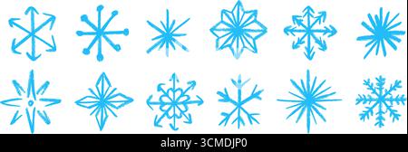 Blue Doodle Schneeflocken Set. Handgezeichnete Schneeflocken-Kollektion mit Buntstiften. Erstellen Sie funkelnde und kristallklare Skizzierelemente für Weihnachten, Neujahrsfeier, Winterfestdekoration. Vektor Pastellkreide-Form-Pack Stock Vektor
