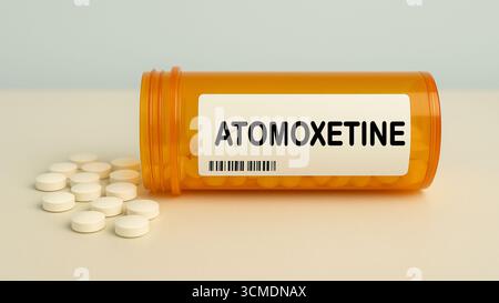 Box mit ATOMOXETIN Tabletten auf einem Krankenhaus Apothekentisch verwendet, um ADHS ein Norepinephrin Wiederaufnahmehemmer zu behandeln. Stockfoto