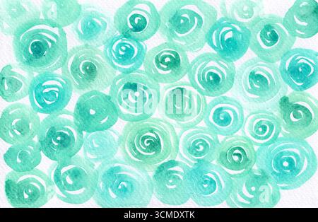 Nahtloses Aquarellmuster von türkisfarbenen Spiralblumen, die an Rosen erinnern. Handgemalte Textur, perfekt für Hochzeitseinladungen, Textildrucke und Verpackungen. Mintgrün, Cyan. Weißer Hintergrund. Stockfoto