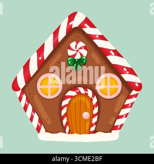 Gemütliches, festliches Lebkuchenhaus mit farbenfrohen Glasur- und Zuckerrohrelementen, Holztür und gelben Fenstern. Perfekt isolierte Einrichtung Stock Vektor