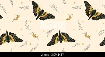 Mystisches Boho nahtloses Muster mit Schmetterling und Mond - schwarze Motten und goldene botanische Blätter auf cremefarbenen Hintergrund. Dekorative Insekten mit Sternen und zarten Zweigen für mystische Stoffdrucke. Stock Vektor