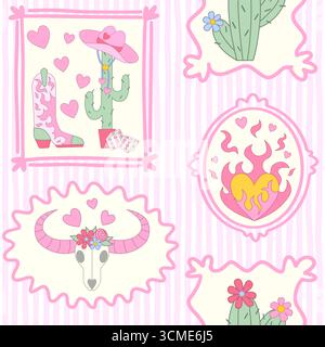 Nahtloses Cowgirl-Muster. Cowboy-Western-Thema, Kakteen, Kuhschädel, Cowboystiefel, Hut, Flammenherz und Würfel in mädchenrosa Rahmen. Handgezeichneter Zeichentrickdruck auf rosa Streifen. Vektorabbildung. Stock Vektor