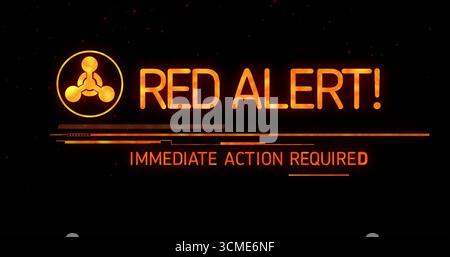 Orangefarbener ROTER ALARM! Auf dem Bildschirm, mit kreisförmigem Symbol, Fortschrittsbalken, SOFORTIGE AKTION ERFORDERLICH Stockfoto