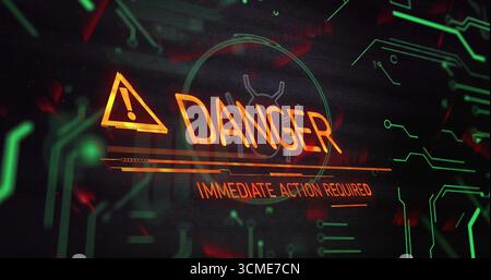 Anzeige der Gefahrenwarnung auf der Tafel mit großem GEFAHRENTEXT, Gefahrensymbol, SOFORTIGE MASSNAHME ERFORDERLICH Stockfoto