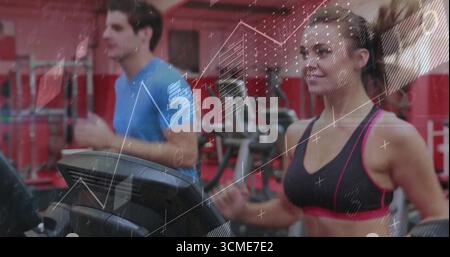 Lauffrau in Sportbekleidung auf dem Laufband im Fitnessstudio, mit digitaler Konsole und Gewichthängen, Kopierraum Stockfoto