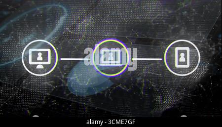 Anzeige von Monitor-, Laptop- und Smartphone-Symbolen auf digitalem Netzwerkhintergrund mit Verbindungsleitungen Stockfoto