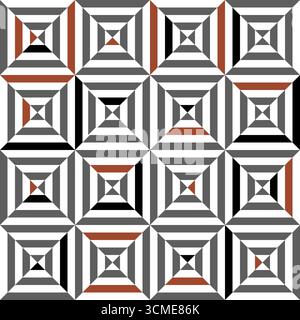 Ein verschobenes Muster in Schwarz, weiß und Rot. Nahtloses Muster aus Quadraten und Dreiecken die Quadrate haben unterschiedliche Größen und die Dreiecke sind es Stock Vektor