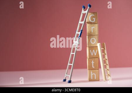 Wachstumstext auf Holzwürfeln mit Leiter Stockfoto