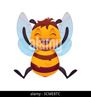 Zeichentrick-Honigbiene mit erhobenen Armen und fröhlichem, fröhlichem Ausdruck mit hellgelben und schwarzen Streifen und durchscheinenden Flügeln. Vektor fröhlich süße Honigbiene, Tiermaskottchen, Insektenfigur Stock Vektor