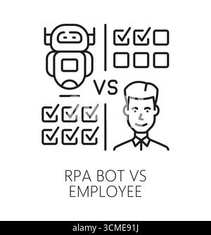 Dünnes Symbol oder Emblem für RPA-Bot vs. Mitarbeiter. Business RPA Innovation Umrissvektorzeichen, Symbol für Robotertechnologie. Piktogramm der Lösung für die Maschinenautomatisierung mit Häkchen für die Produktivität von Robotern und Menschen Stock Vektor