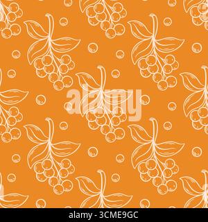 Nahtloses botanisches Herbst-Muster. Skizze von vogelzweigen auf orangefarbenem, warmem Hintergrund. Stimmungsvoller, gemütlicher Herbst-Druck, Vektorgrafik Stock Vektor