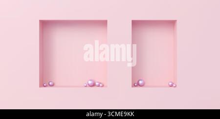 Pinkfarbene 3D-Nischen, Regale oder Vitrinen, Innenraum für Vektorräume und Produktständer. 3D realistische quadratische und rechteckige Wandnischen mit pinkfarbenen Kugeln, Studio- oder Showroom-Hintergrund Stock Vektor