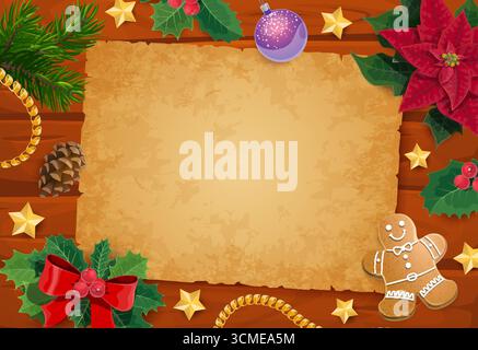 Weihnachtsrollpapier und Dekorationen, Weihnachtsbrotpapier. Festlicher Vektor-Hintergrund mit leerem altem Papier auf hölzerner Oberfläche umgeben von Tannenzweigen, stechpalmenblättern, Bogen, Weihnachtsstern, goldenen Sternen Stock Vektor