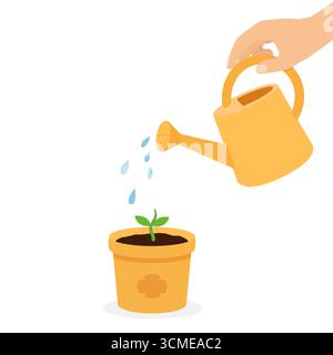 Handbewässerung junger Pflanzen im Topfvektor-Öko-Pflegekonzept Stock Vektor
